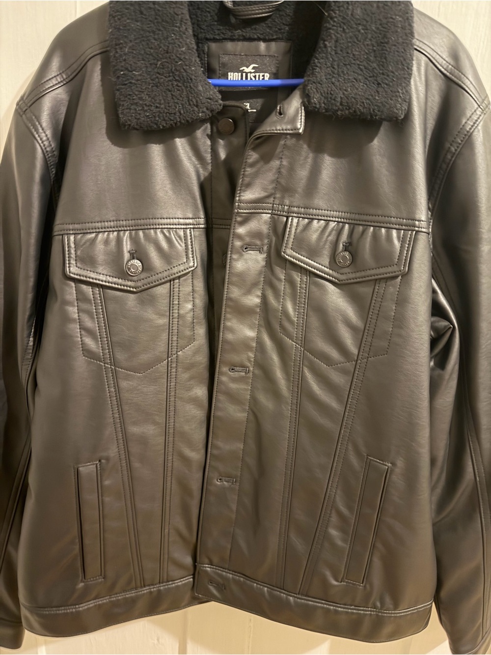 Hollister Black Faux Leather Bomber Jacket with Sherpa Collar